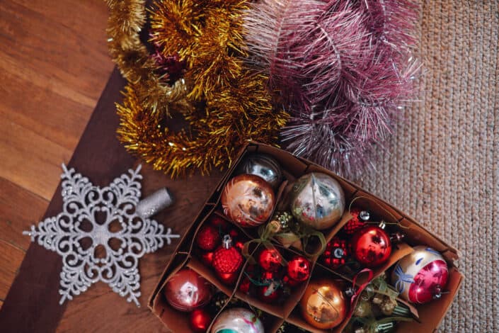 christmas decorations inside a box