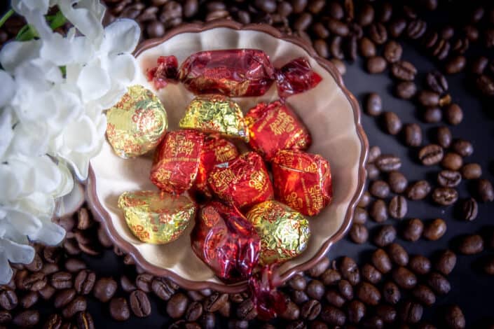 a bowl full of chocolate
