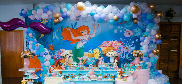 a Little Mermaid-themed children's party food table set-up