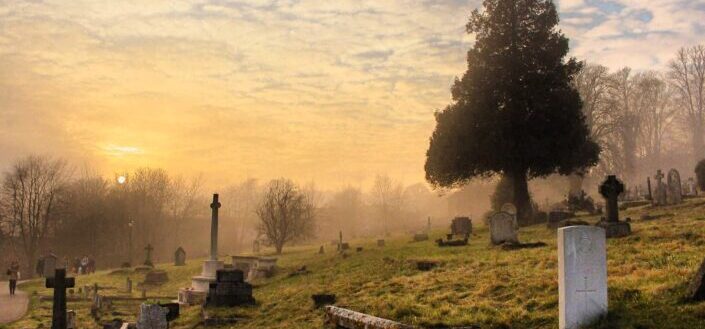 Cemetery under the cloudy sky
