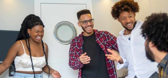 Group of friends Laughing inside a cruise ship